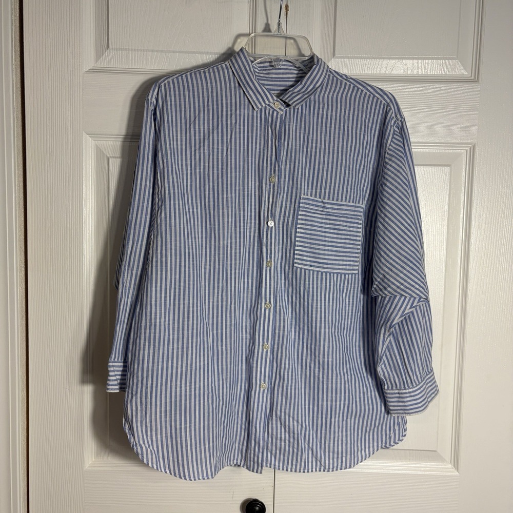 LOFT Striped 100% Cotton Blend Shirt Women M Blue White Dolman Sleeve Button Up